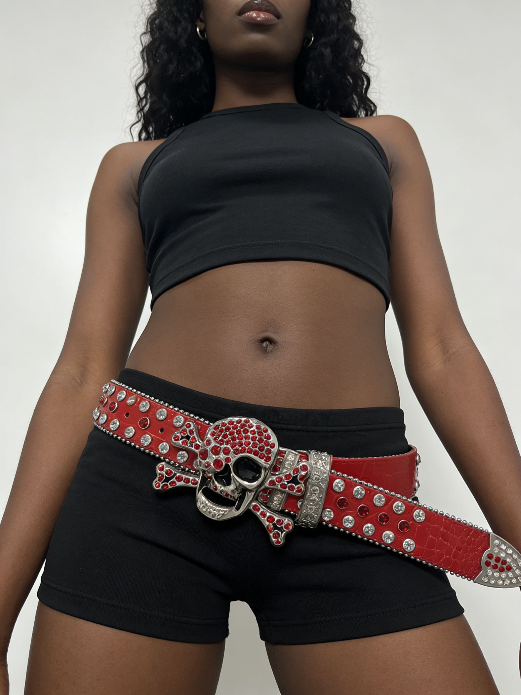 Unisex Red Rhinestone Skull Studded Belt