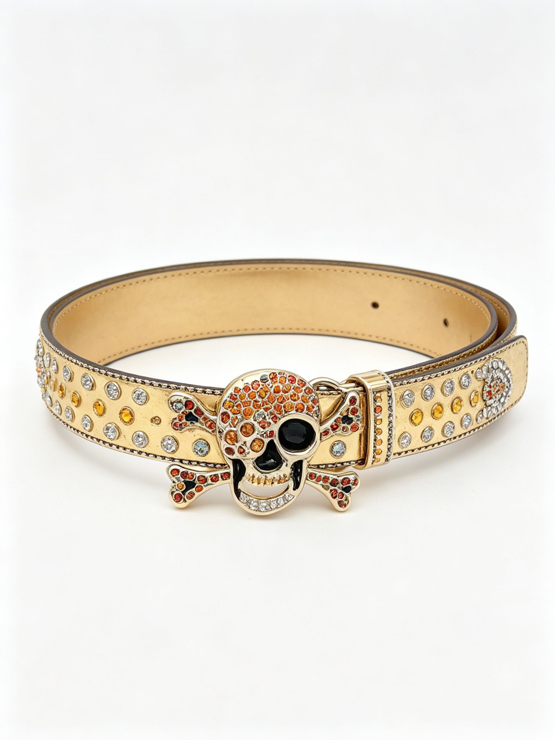 Unisex Gold Rhinestone Skull Statement Faux Leather Belt