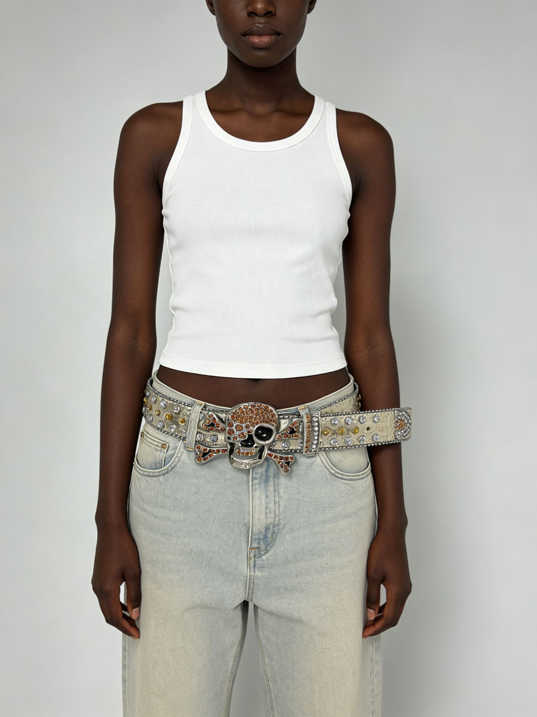 Unisex Gold Rhinestone Skull Statement Faux Leather Belt