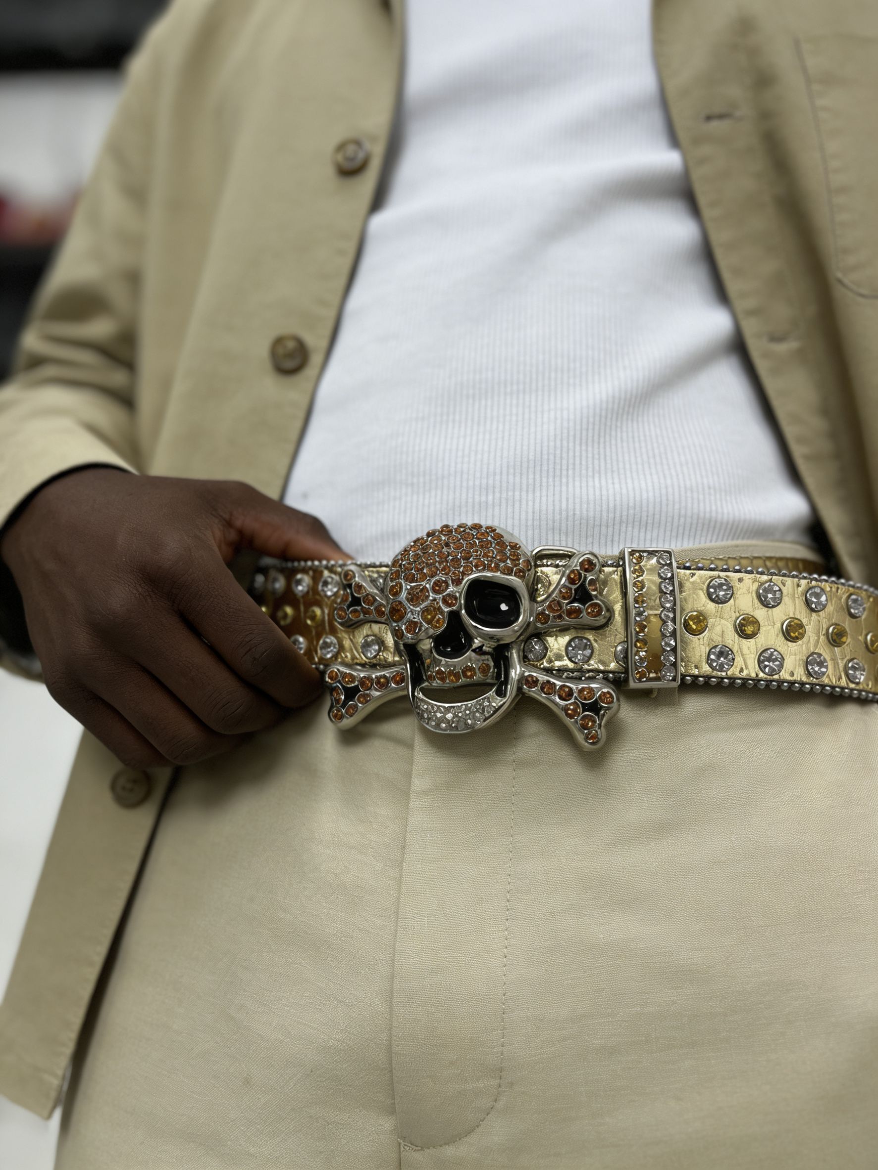 Unisex Gold Rhinestone Skull Statement Faux Leather Belt