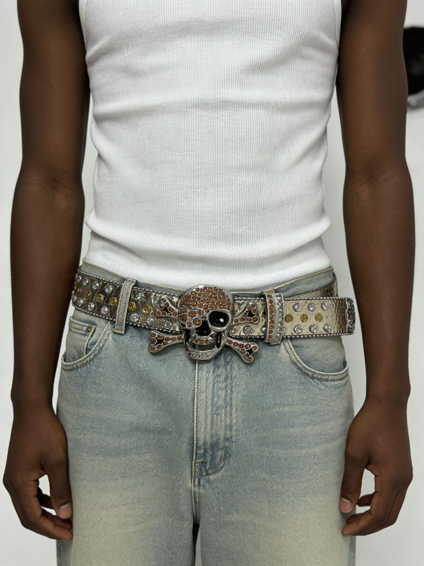 Unisex Gold Rhinestone Skull Statement Faux Leather Belt