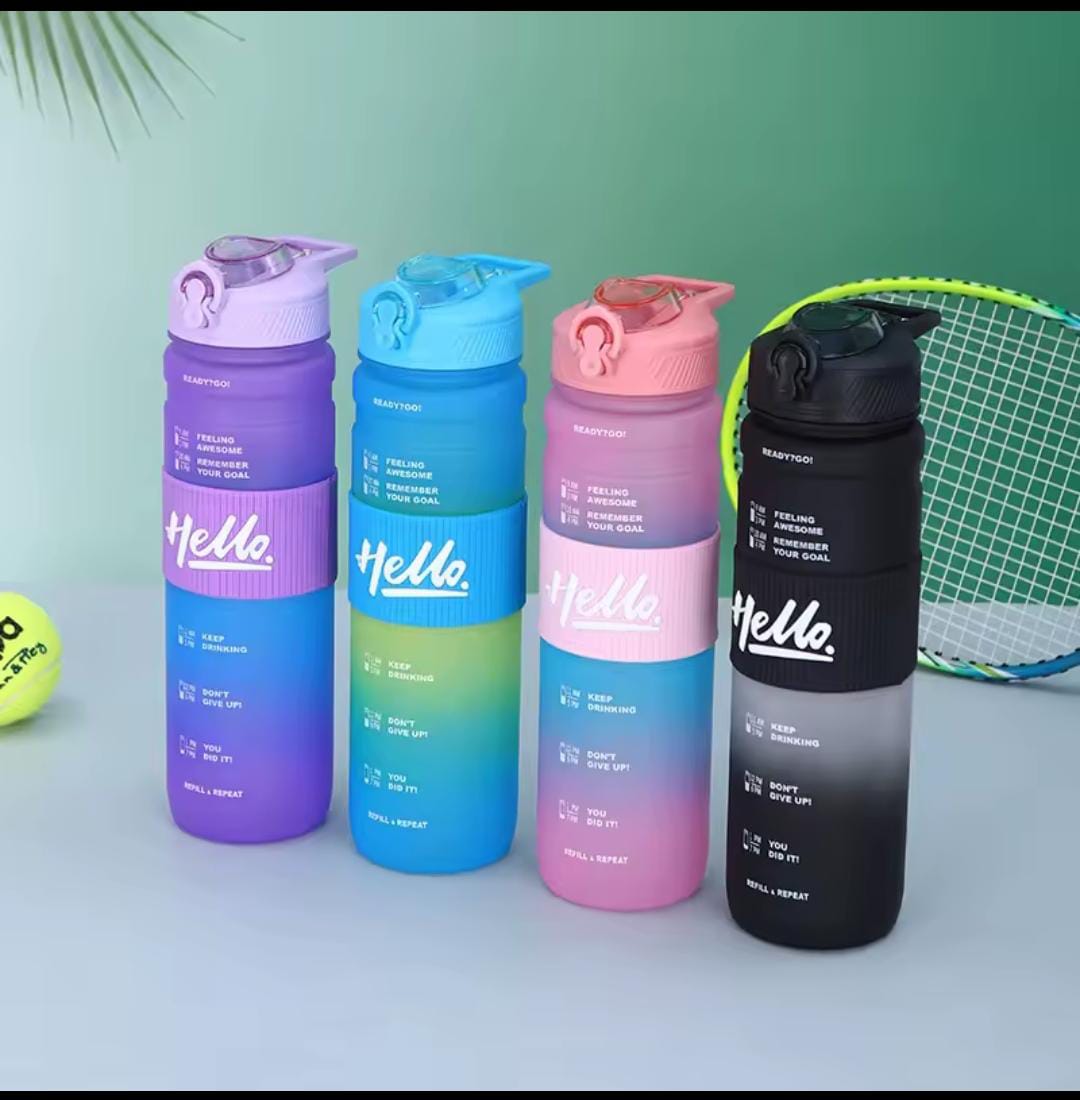 1L Motivational Time Marker Water Bottle - Leakproof & BPA-Free Frosted Gradient Sports Bottle with Carry Strap - Purple/Green Multicolor