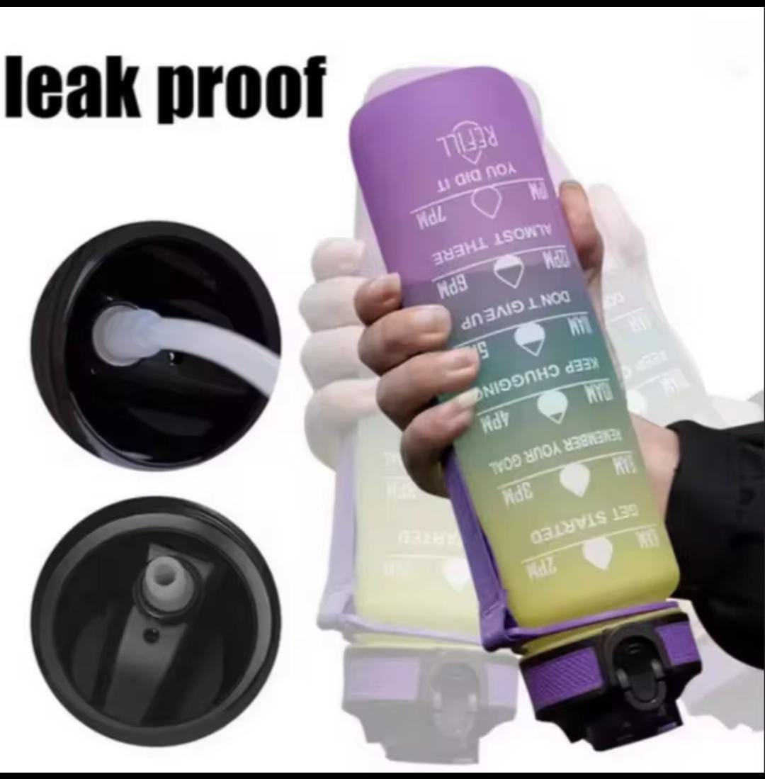 1L Motivational Time Marker Water Bottle - Leakproof & BPA-Free Frosted Gradient Sports Bottle with Carry Strap - Purple/Green Multicolor