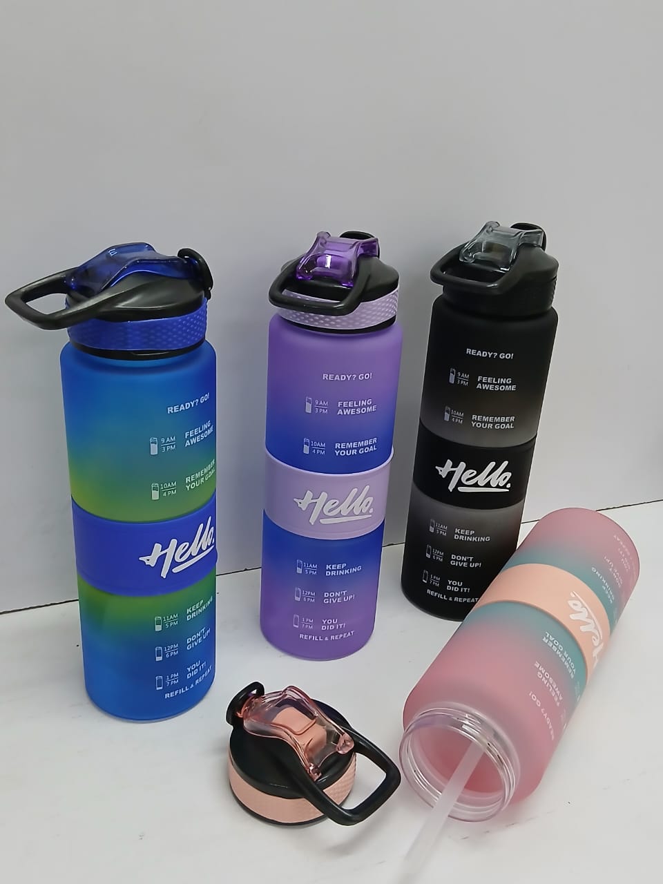 1L Motivational Time Marker Water Bottle - Leakproof & BPA-Free Frosted Gradient Sports Bottle with Carry Strap - Purple/Green Multicolor