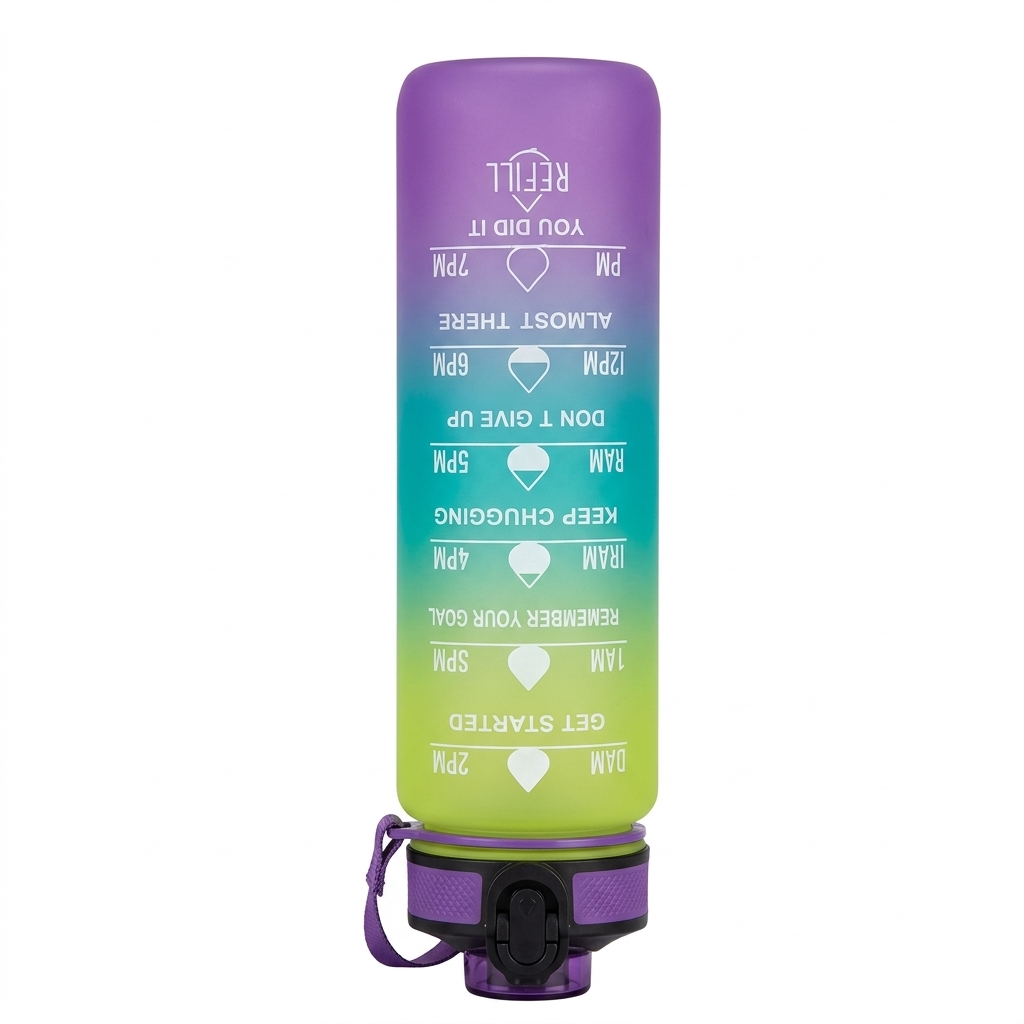 1L Motivational Time Marker Water Bottle - Leakproof & BPA-Free Frosted Gradient Sports Bottle with Carry Strap - Purple/Green Multicolor