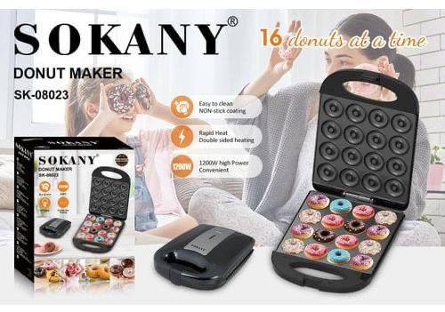 Sokany SK-08023 Electric Donut Maker - 16 Hole Mini Donut Machine, 1200W High Power, Non-Stick Coating