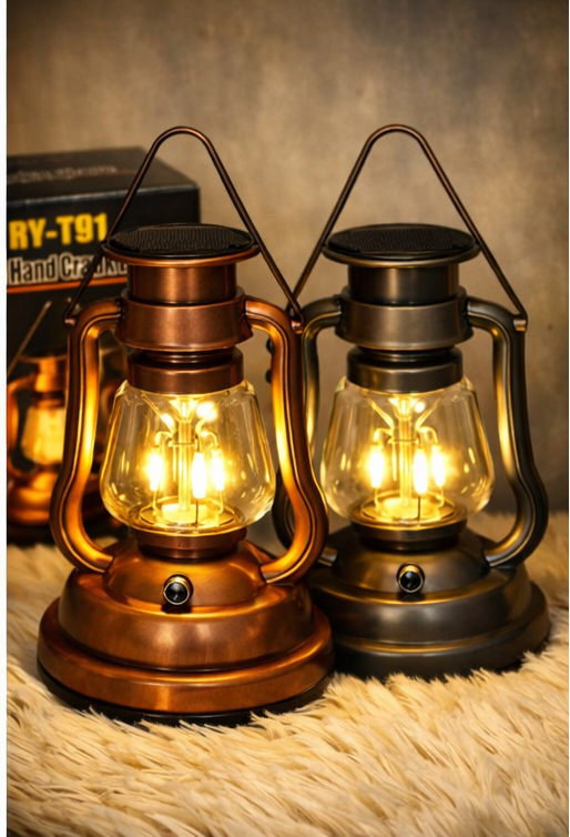 RY-T91 Retro LED Solar Lantern - Emergency Hand Crank & Rechargeable Outdoor Camping Light (Vintage Bronze/Black)