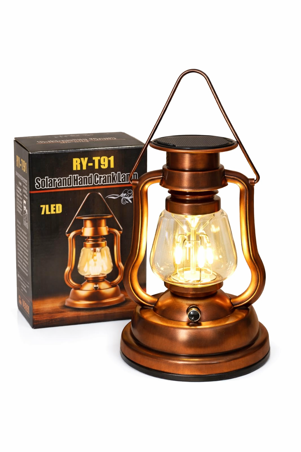 RY-T91 Retro LED Solar Lantern - Emergency Hand Crank & Rechargeable Outdoor Camping Light (Vintage Bronze/Black)
