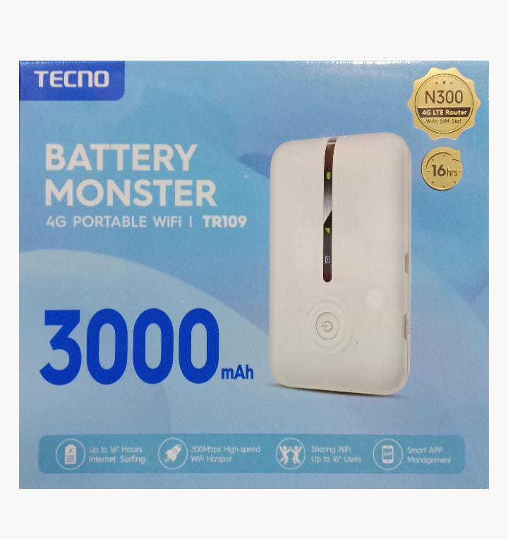 TECNO TR109 4G LTE MiFi Portable WiFi Router – 300Mbps High Speed Internet Hotspot, Connect 16 Devices, 3000mAh Battery, SIM Enabled Wireless Router for Home, Office & Travel Kenya