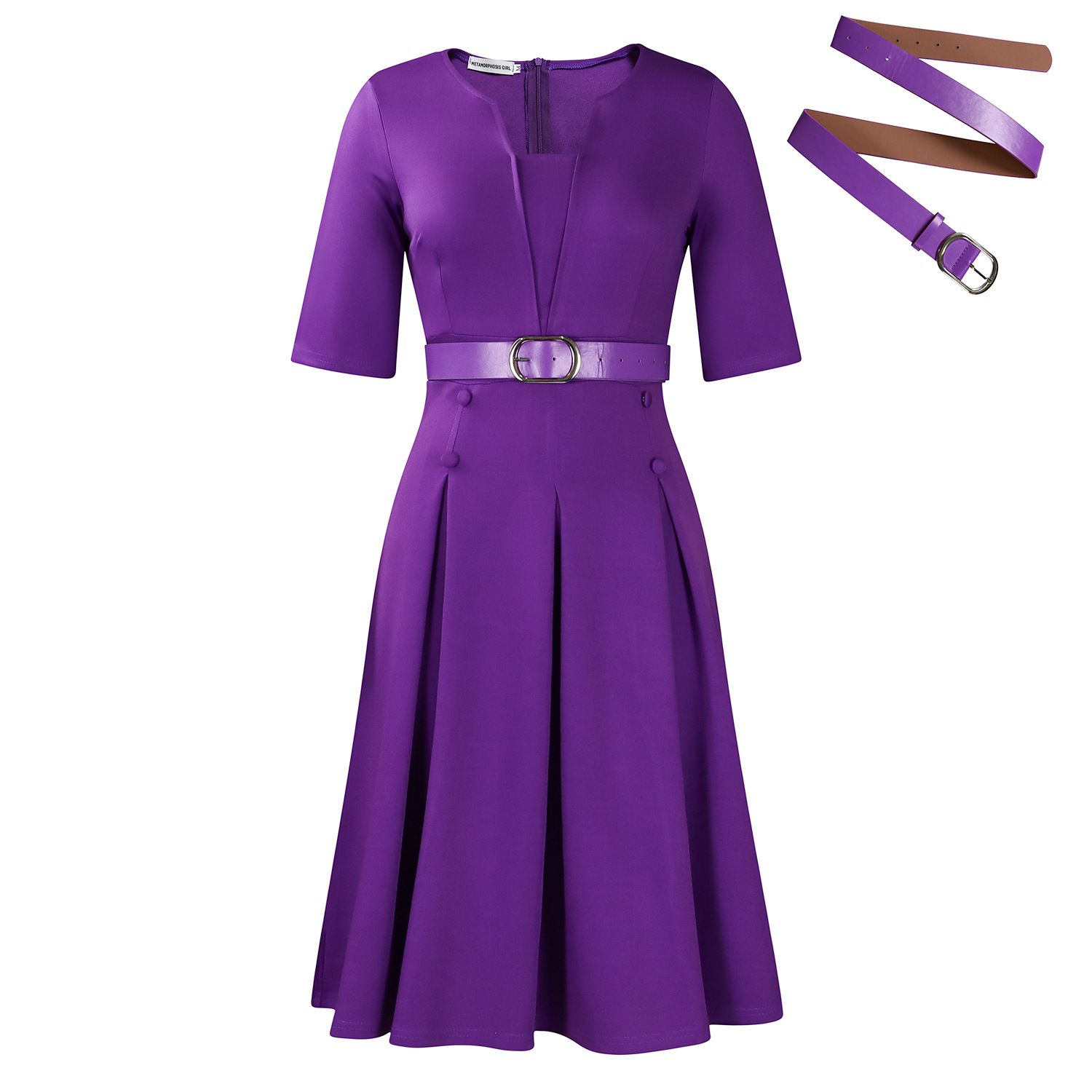 In summer, the new women's dress is fashionable, elegant, solid color, five-point sleeves, round neck and pleated waist. The long dress is suitable for daily leisure office commuting.