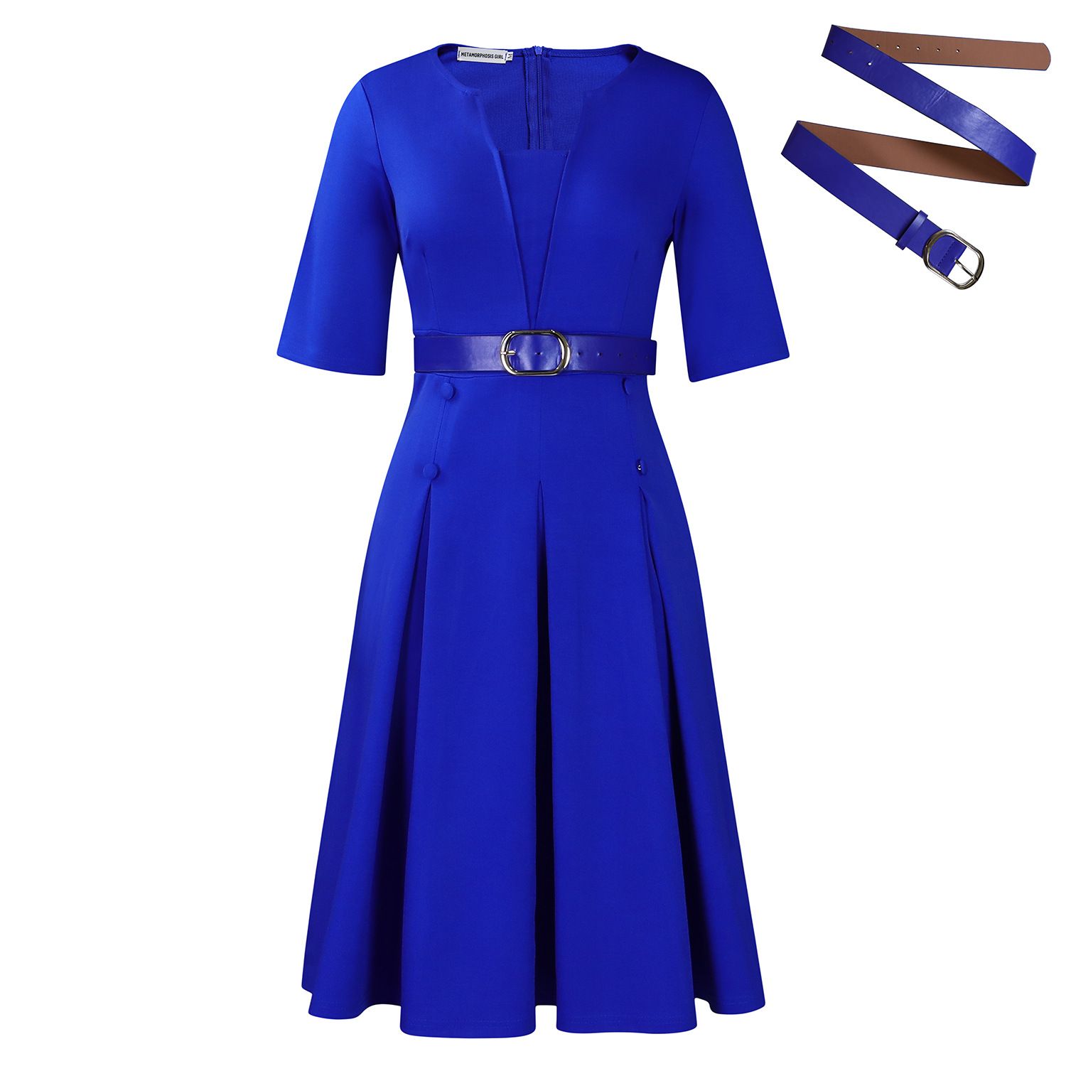 In summer, the new women's dress is fashionable, elegant, solid color, five-point sleeves, round neck and pleated waist. The long dress is suitable for daily leisure office commuting.
