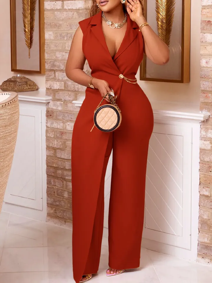 Summer new women's jumpsuit sleeveless suit collar V-neck waist chain loose wide-leg pants long jumpsuit suitable for daily leisure office commuting.