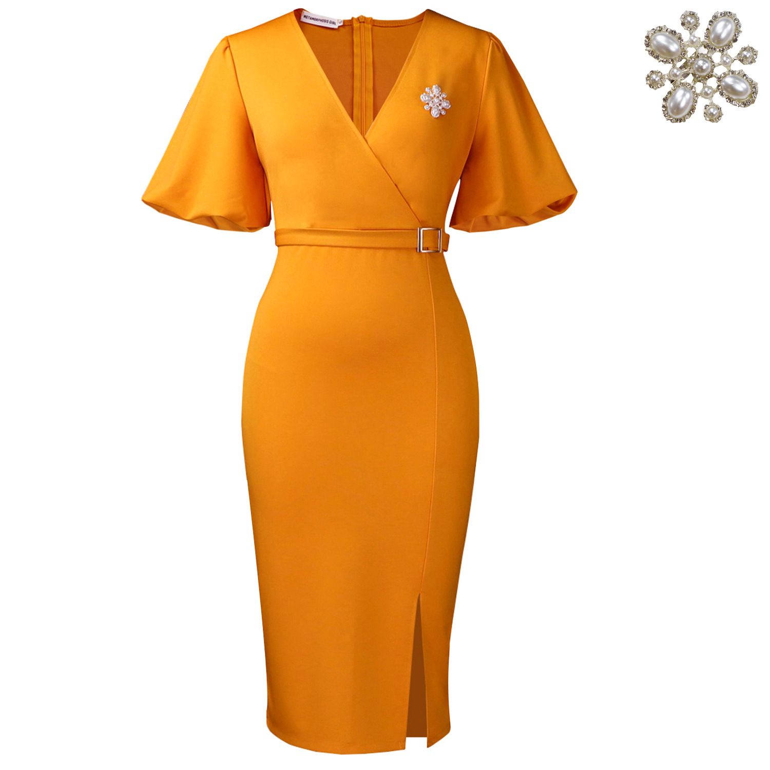 Summer new women's dress fashion temperament solid color lantern sleeve V-neck bag hip split long dress suitable for daily leisure office commuting.