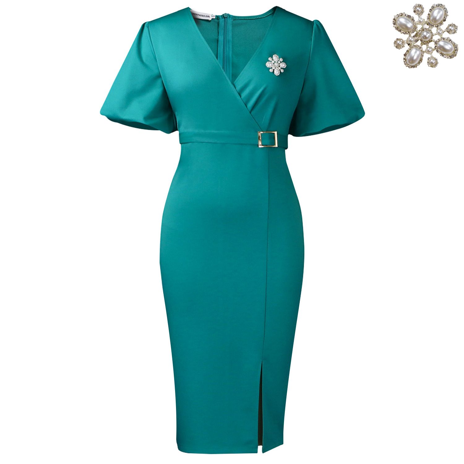 Summer new women's dress fashion temperament solid color lantern sleeve V-neck bag hip split long dress suitable for daily leisure office commuting.