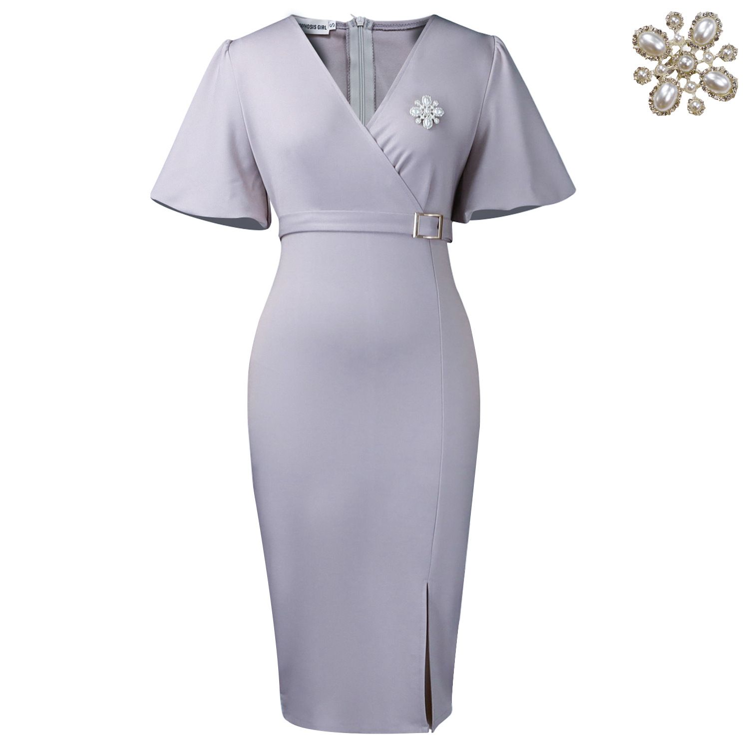 Summer new women's dress fashion temperament solid color lantern sleeve V-neck bag hip split long dress suitable for daily leisure office commuting.