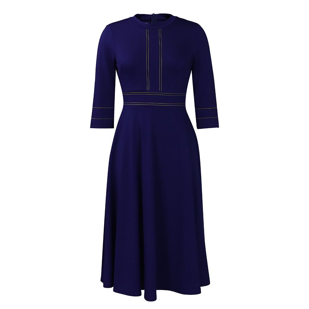 Summer new women's dress fashion temperament solid color cropped sleeves round neck waist big skirt long dress suitable for daily leisure office commuting.