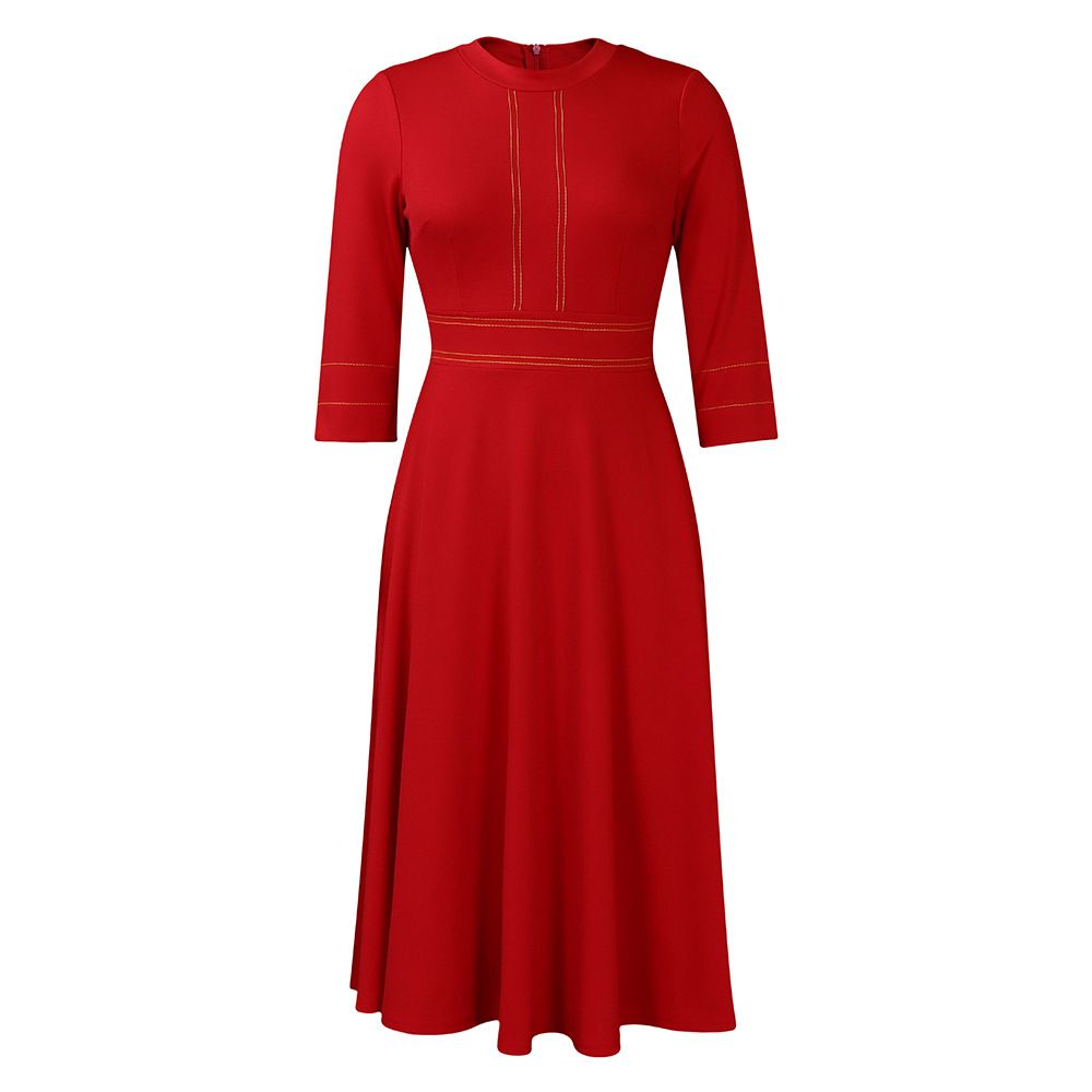 Summer new women's dress fashion temperament solid color cropped sleeves round neck waist big skirt long dress suitable for daily leisure office commuting.