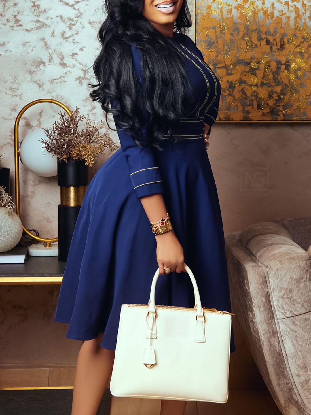 Summer new women's dress fashion temperament solid color cropped sleeves round neck waist big skirt long dress suitable for daily leisure office commuting.