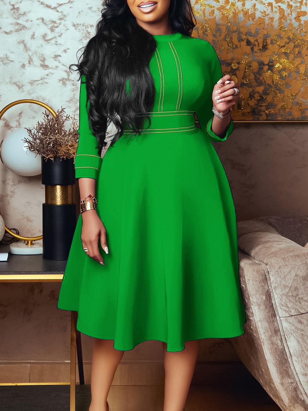 Summer new women's dress fashion temperament solid color cropped sleeves round neck waist big skirt long dress suitable for daily leisure office commuting.