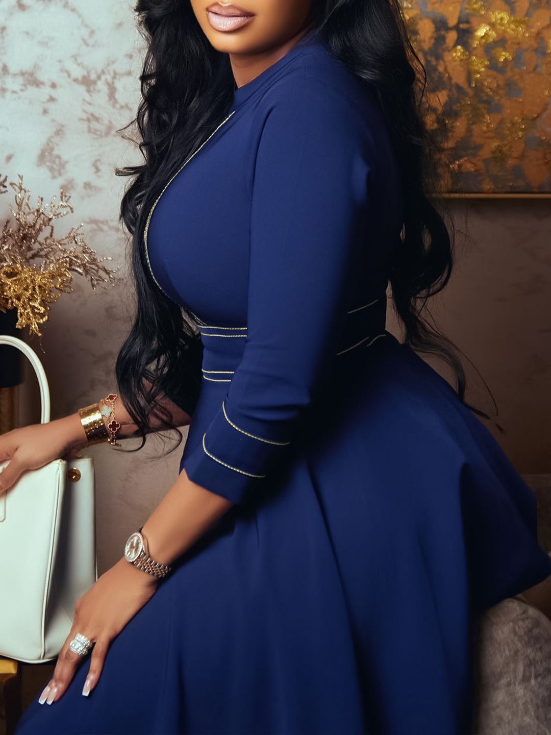 Summer new women's dress fashion temperament solid color cropped sleeves round neck waist big skirt long dress suitable for daily leisure office commuting.