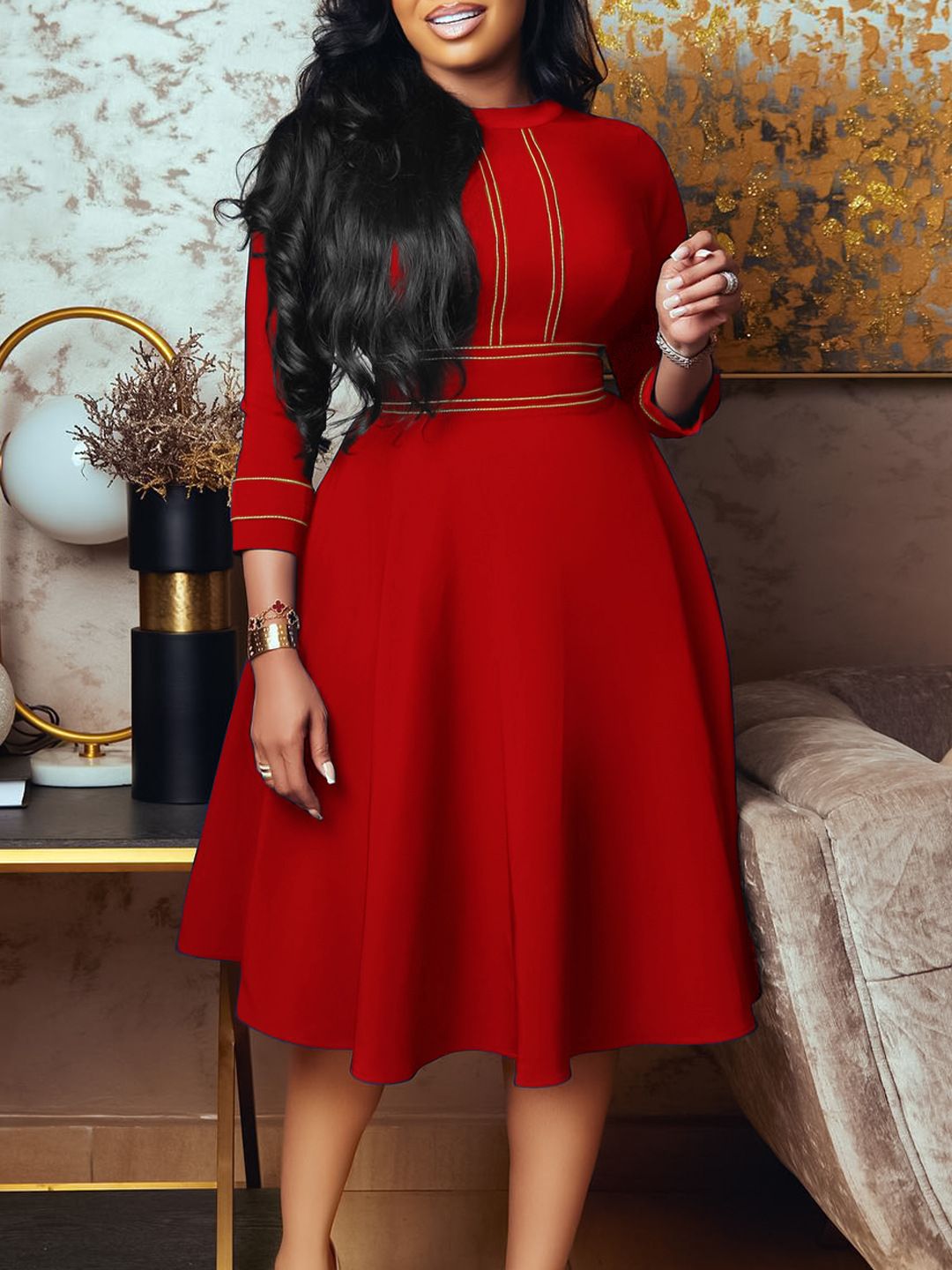 Summer new women's dress fashion temperament solid color cropped sleeves round neck waist big skirt long dress suitable for daily leisure office commuting.