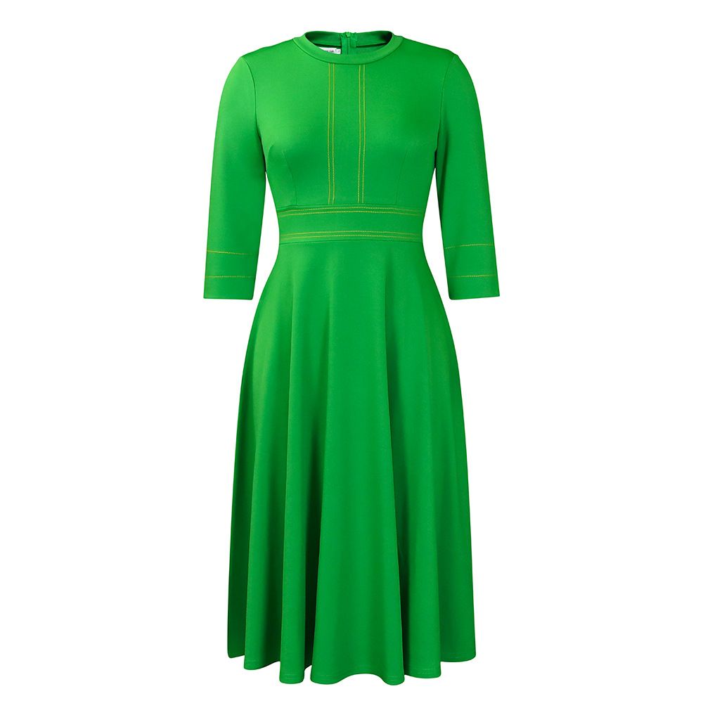 Summer new women's dress fashion temperament solid color cropped sleeves round neck waist big skirt long dress suitable for daily leisure office commuting.