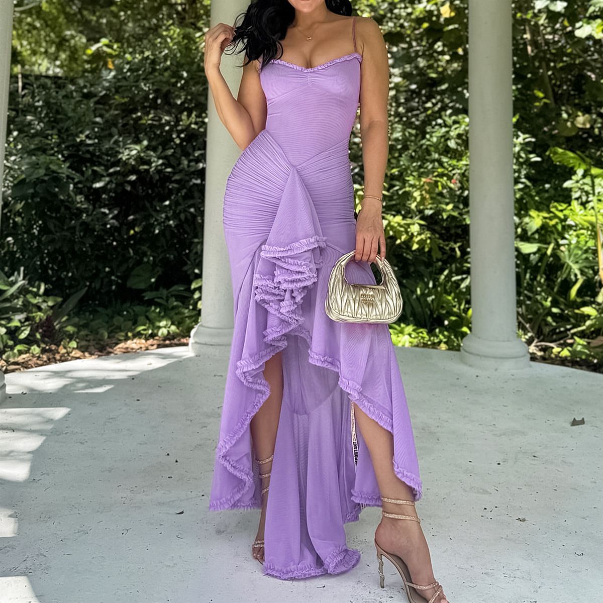 The new women's dress in summer is a solid color mesh sleeveless sling pleated slim irregular long dress suitable for daily leisure commuting party dinner dress.