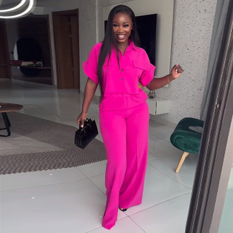Summer new women's two-piece solid color lapel short-sleeved shirt short coat wide-leg pants trousers suit is suitable for daily leisure commuting parties.