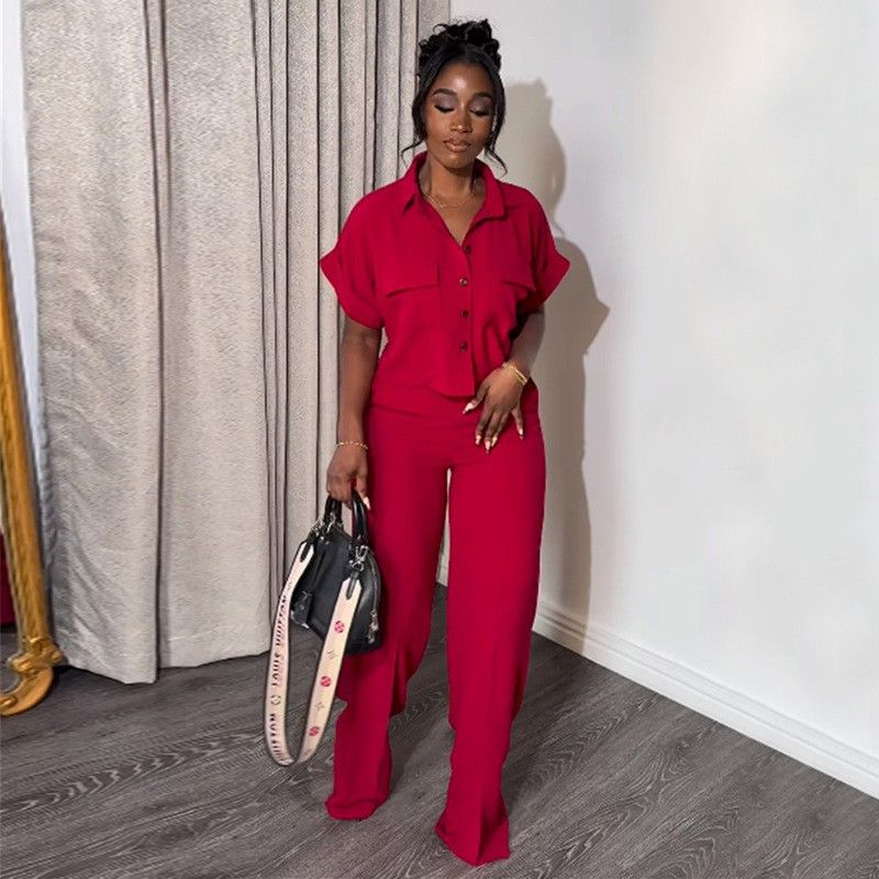Summer new women's two-piece solid color lapel short-sleeved shirt short coat wide-leg pants trousers suit is suitable for daily leisure commuting parties.