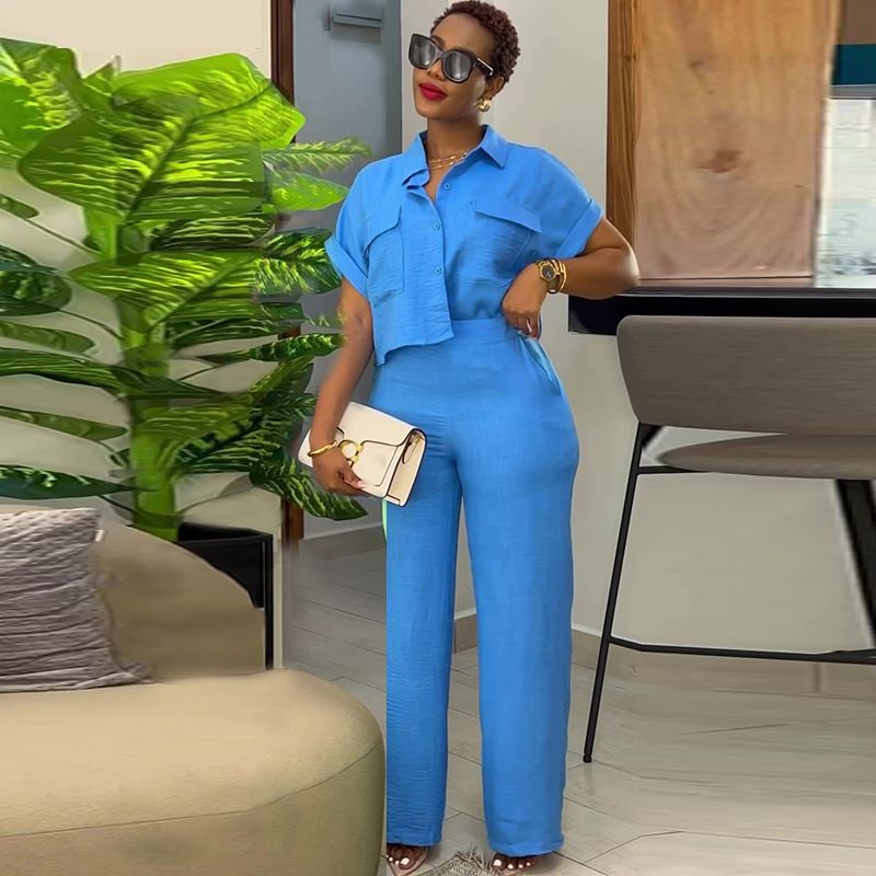 Summer new women's two-piece solid color lapel short-sleeved shirt short coat wide-leg pants trousers suit is suitable for daily leisure commuting parties.