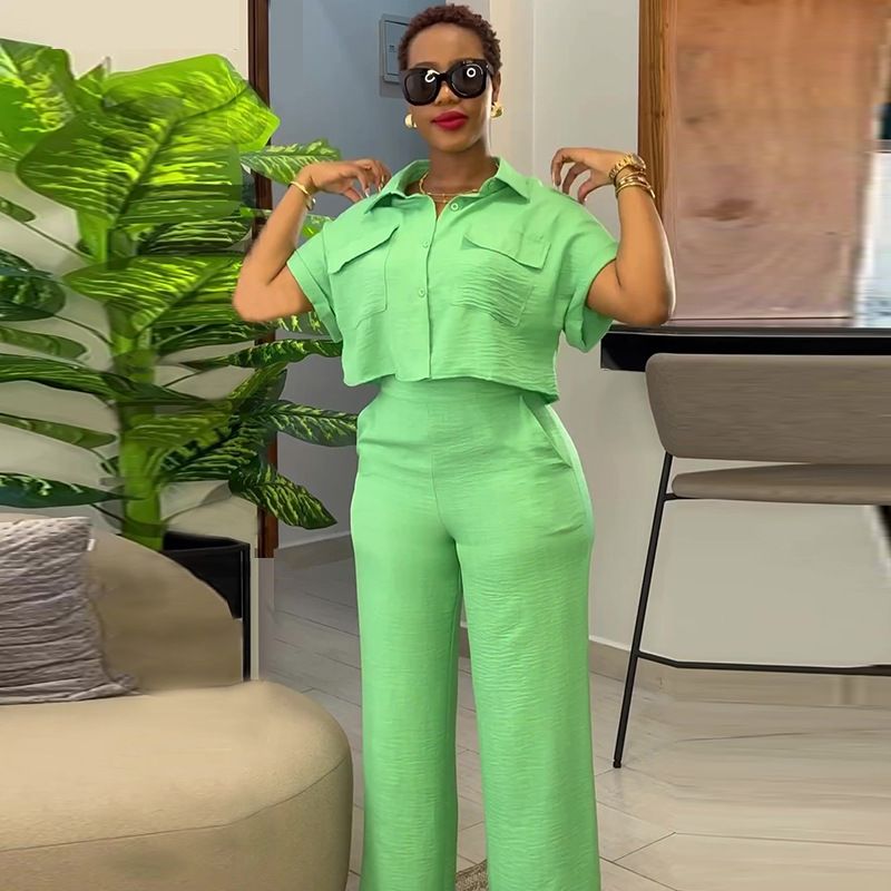 Summer new women's two-piece solid color lapel short-sleeved shirt short coat wide-leg pants trousers suit is suitable for daily leisure commuting parties.