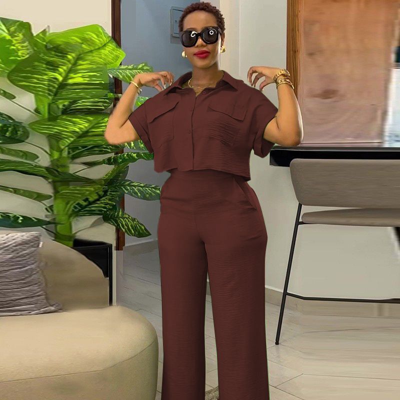 Summer new women's two-piece solid color lapel short-sleeved shirt short coat wide-leg pants trousers suit is suitable for daily leisure commuting parties.