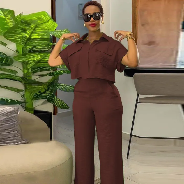 Summer new women's two-piece solid color lapel short-sleeved shirt short coat wide-leg pants trousers suit is suitable for daily leisure commuting parties.