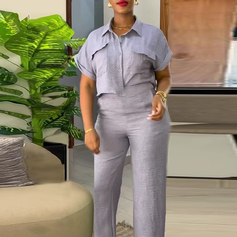 Summer new women's two-piece solid color lapel short-sleeved shirt short coat wide-leg pants trousers suit is suitable for daily leisure commuting parties.