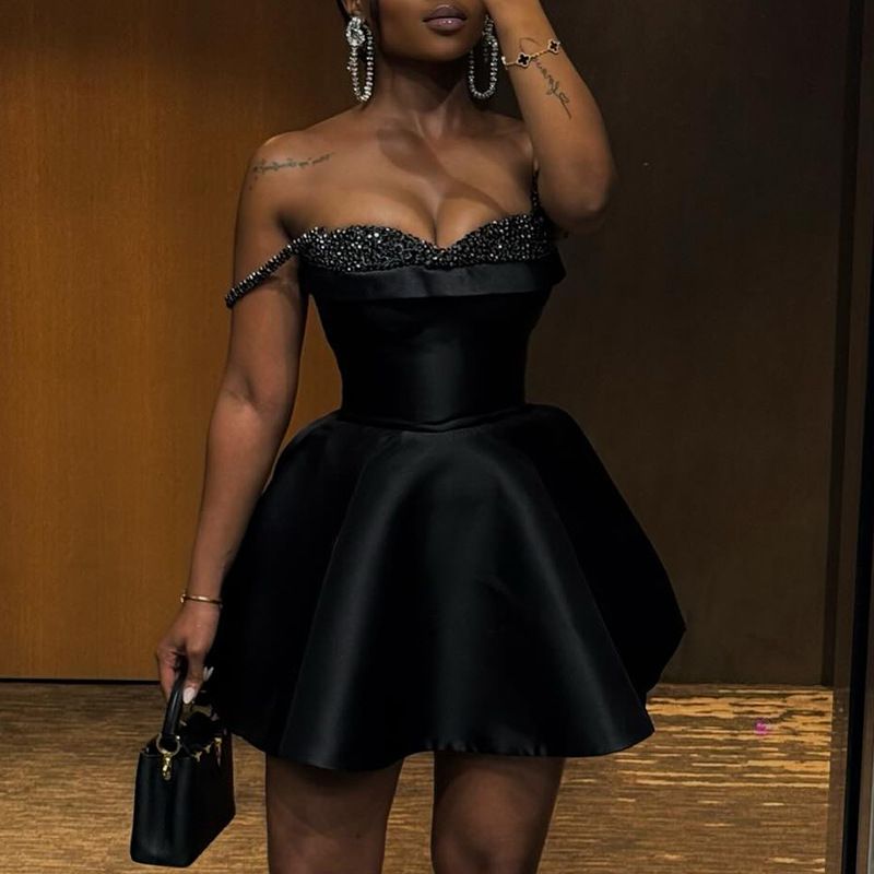 Summer new women's dress solid color sleeveless sling splicing sequins tube top waist A-line skirt short dress suitable for daily leisure commuting party dinner dress.