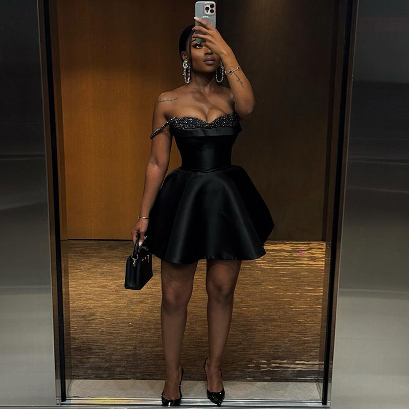 Summer new women's dress solid color sleeveless sling splicing sequins tube top waist A-line skirt short dress suitable for daily leisure commuting party dinner dress.