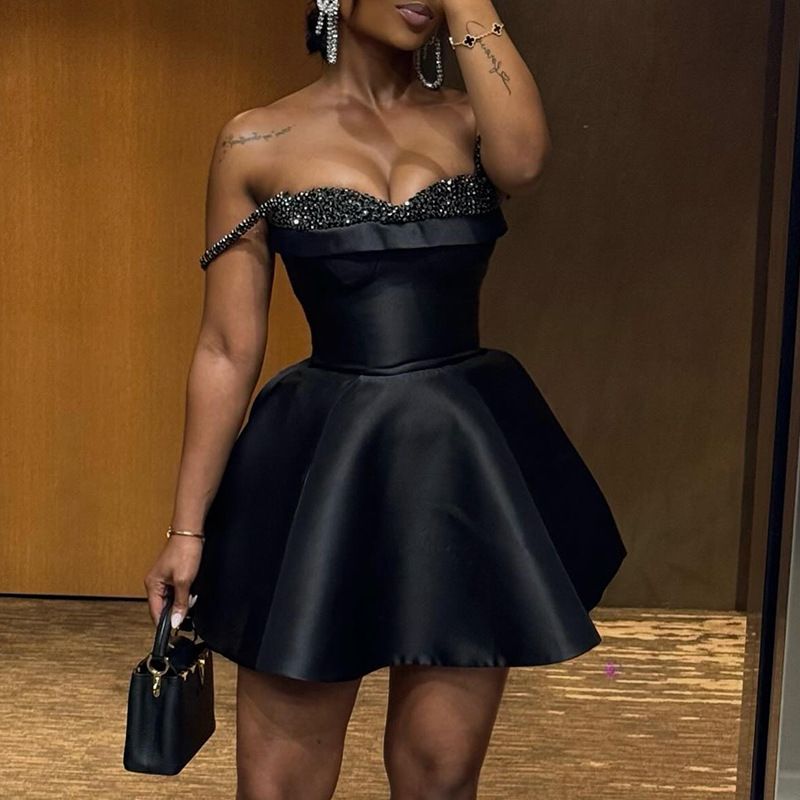 Summer new women's dress solid color sleeveless sling splicing sequins tube top waist A-line skirt short dress suitable for daily leisure commuting party dinner dress.