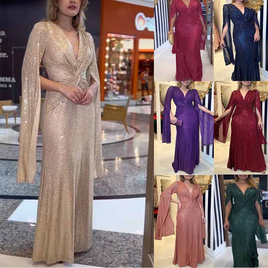New women's dresses in summer are fashionable, solid colors, long sleeves, V-neck sequins, slim and long dresses, which are suitable for daily leisure party dinner dresses.