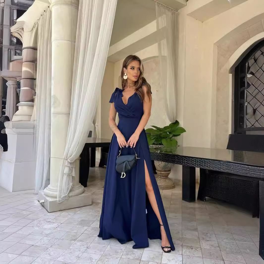 Summer new women's dress solid color sleeveless V-neck waist split big skirt long dress suitable for daily leisure commuting party dinner dress.