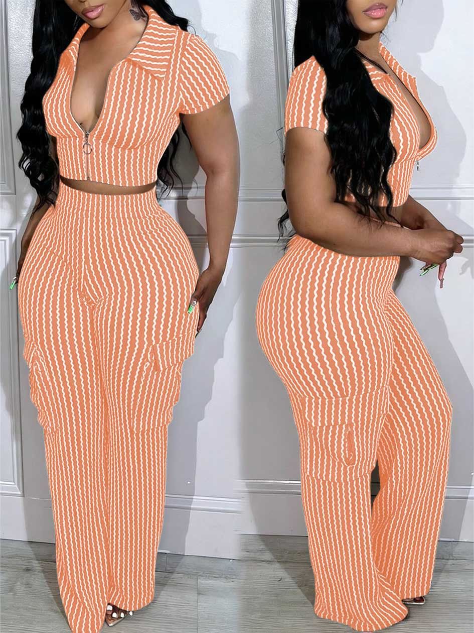 Summer new women's two-piece suit solid color short sleeve lapel zipper short coat pocket casual trousers suit is suitable for daily leisure parties and commuting.