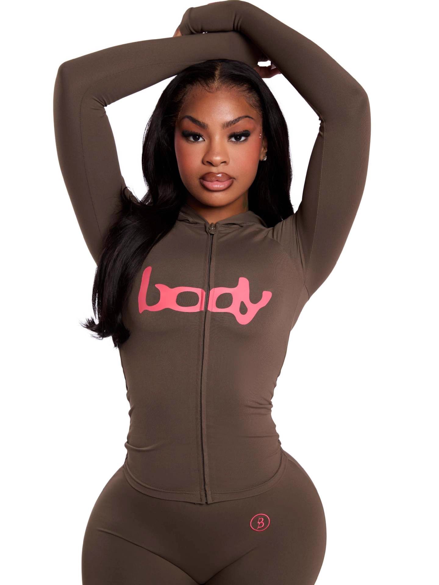 The new women's two-piece solid color printed long sleeve hooded zipper short coat tight trousers suit is suitable for daily leisure commuting outdoor sports wear.