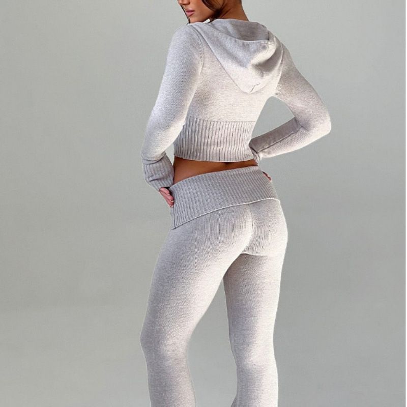 New women's two-piece solid color long sleeve hooded zipper slim short blouse casual trousers suit is suitable for daily leisure commuting outdoor sports wear.