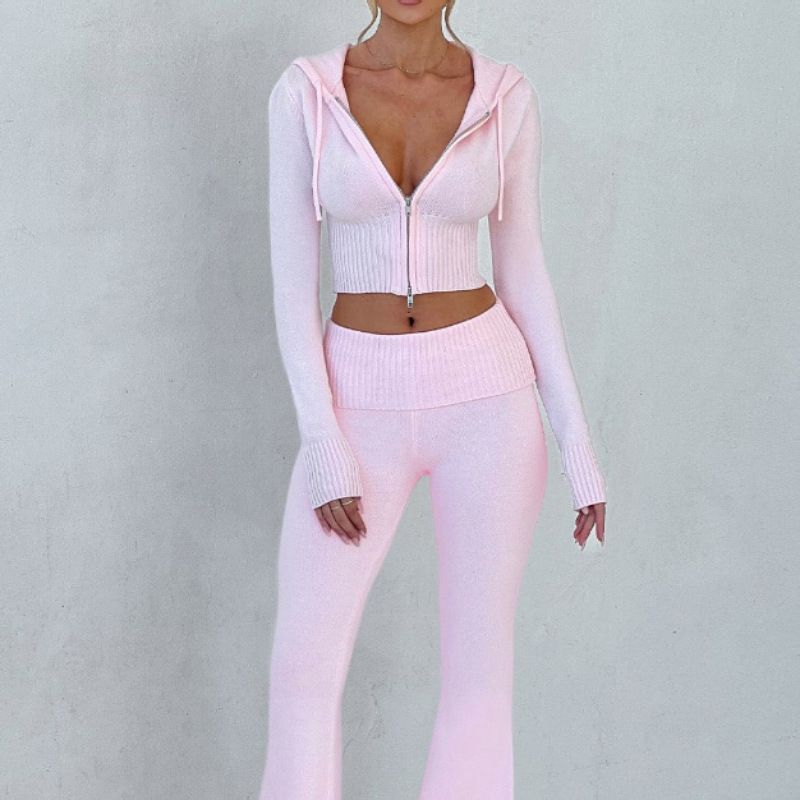 New women's two-piece solid color long sleeve hooded zipper slim short blouse casual trousers suit is suitable for daily leisure commuting outdoor sports wear.