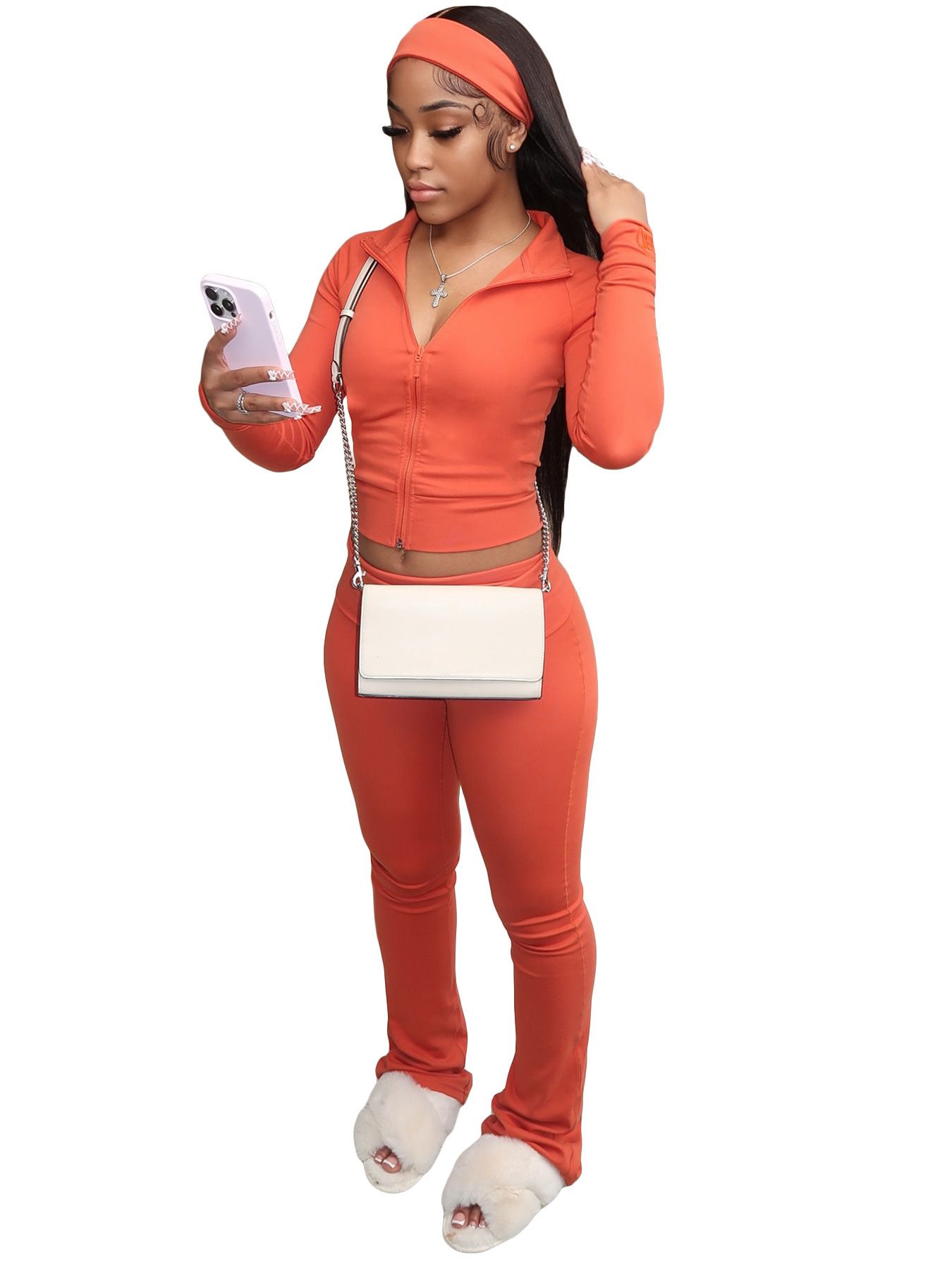 New women's two-piece solid color long-sleeved lapel zipper slim short blouse casual micro-trousers suit is suitable for daily leisure commuting outdoor sports wear.