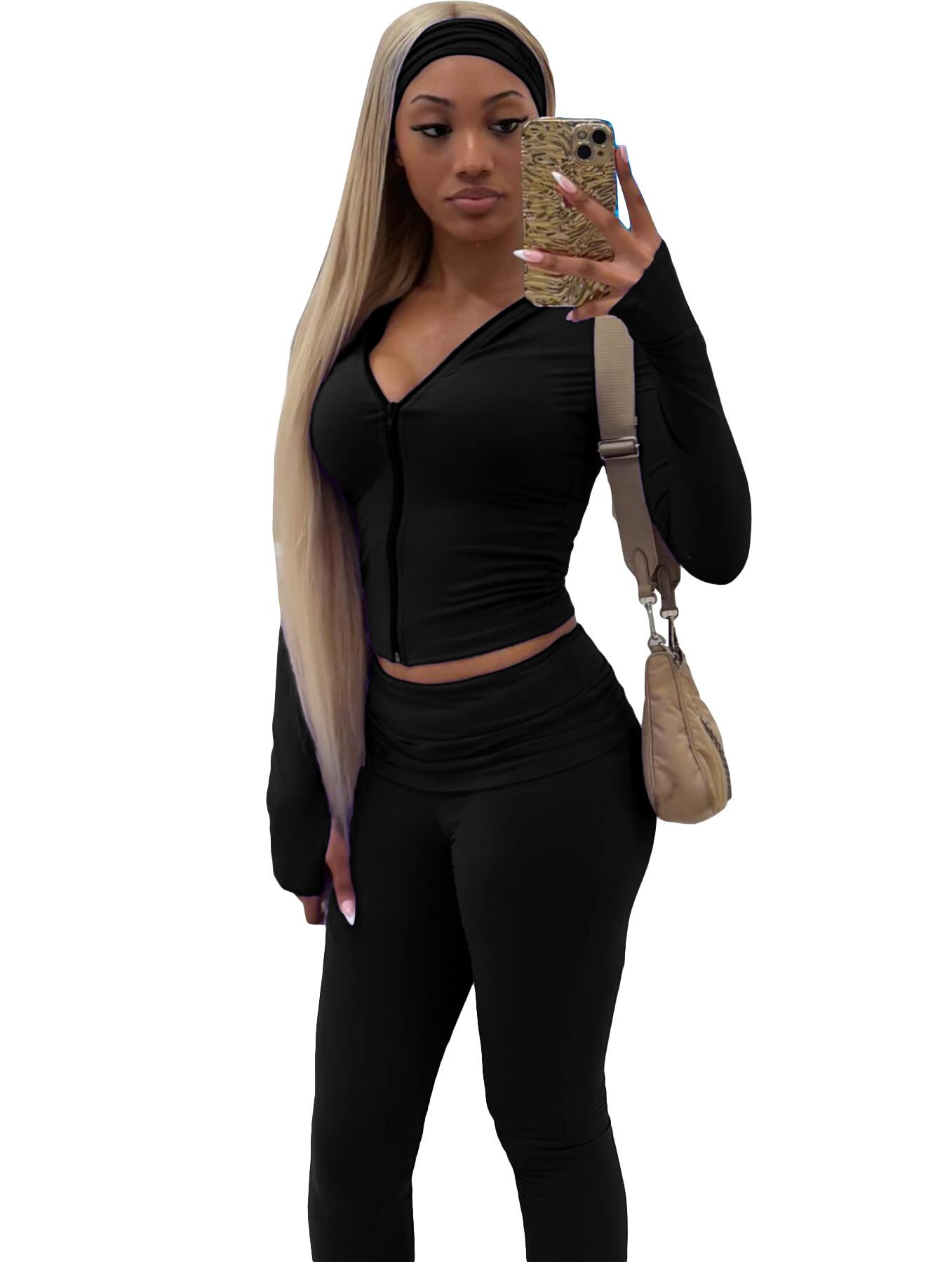 New women's two-piece solid color long-sleeved lapel zipper slim short blouse casual micro-trousers suit is suitable for daily leisure commuting outdoor sports wear.