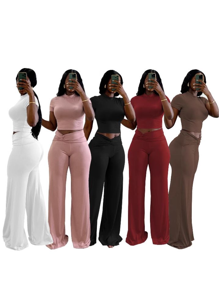 New women's two-piece suit with solid color, short sleeves, high collar and short blouse, casual wide-leg trousers suit is suitable for daily leisure and commuting.