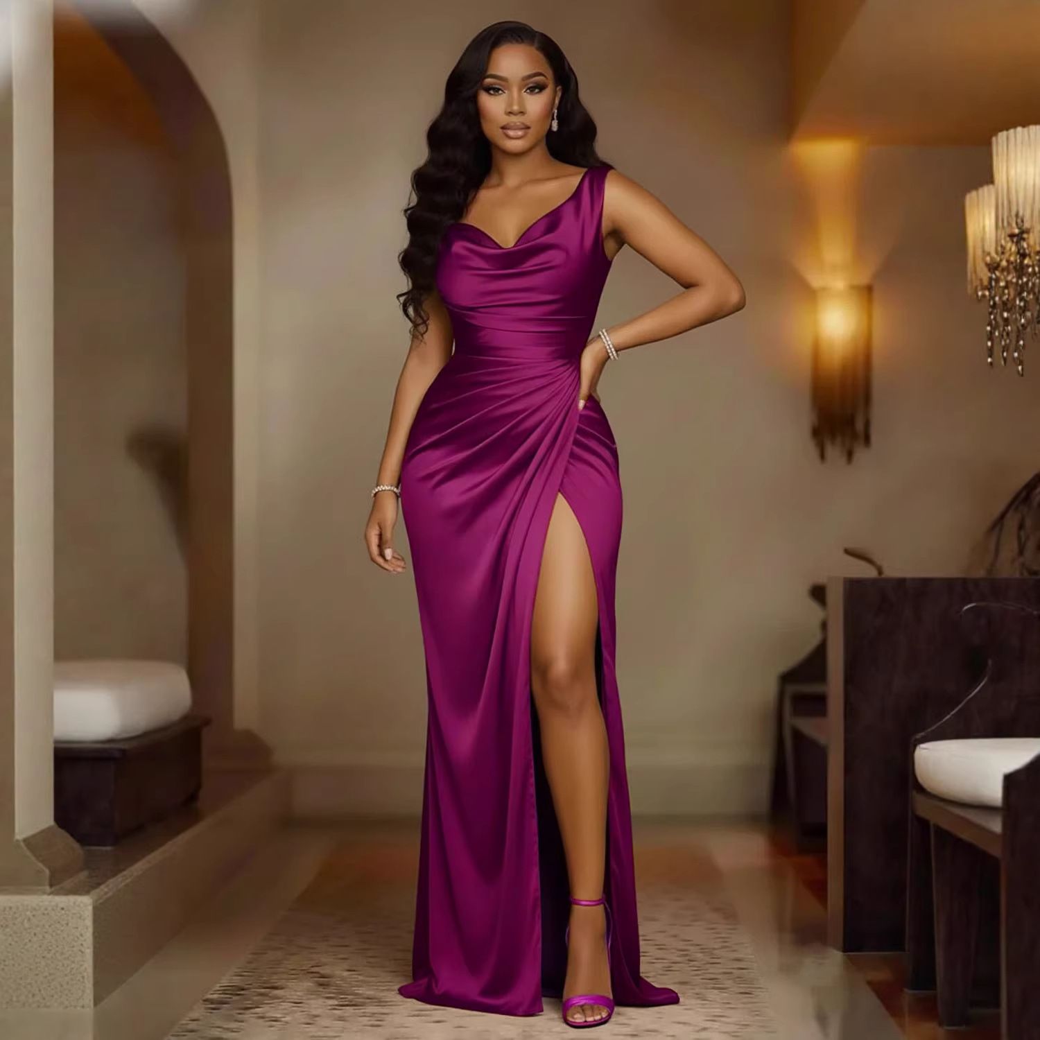 New women's dresses in summer are solid colors, sleeveless pleats, slim fit and split long dresses, which are suitable for daily leisure commuting parties and dinners.
