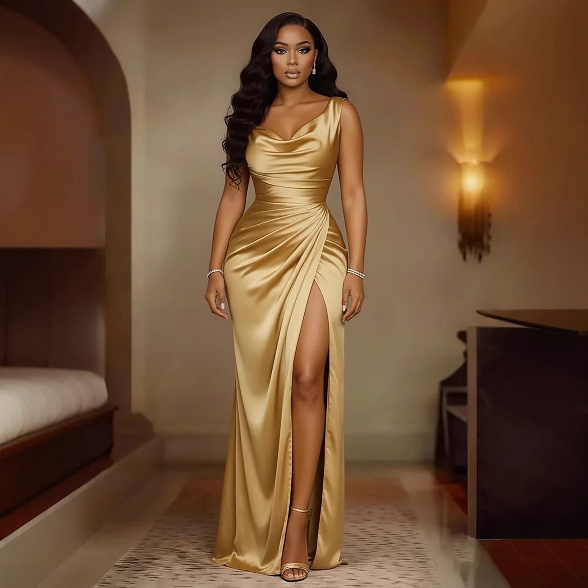 New women's dresses in summer are solid colors, sleeveless pleats, slim fit and split long dresses, which are suitable for daily leisure commuting parties and dinners.
