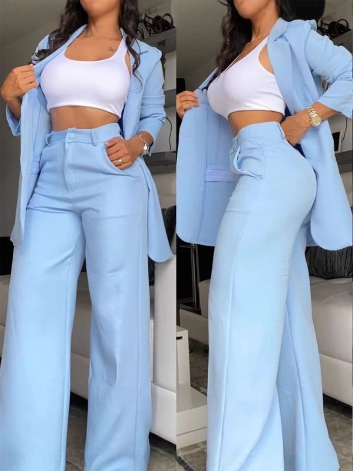 New women's two-piece fashion solid color long-sleeved suit collar coat casual straight trousers suit is suitable for daily leisure commuting office wear.