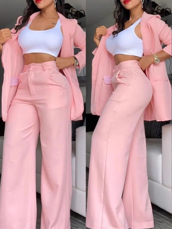 New women's two-piece fashion solid color long-sleeved suit collar coat casual straight trousers suit is suitable for daily leisure commuting office wear.